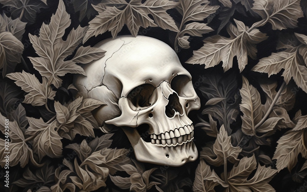 AI generated illustration of a human skull lying in a pile of colorless autumn leaves AI generated illustration of a human skull lying in a pile of colorless autumn leaves