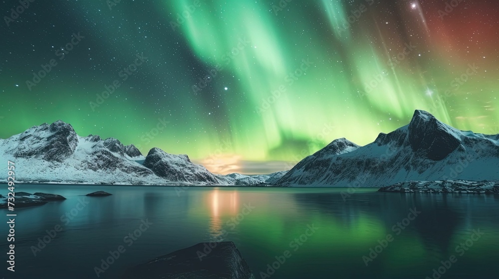 AI generated illustration of an aurora light shines over a lake with snow covered mountains