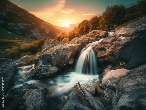 AI generated illustration of a picturesque waterfall cascading over rocks at sunset