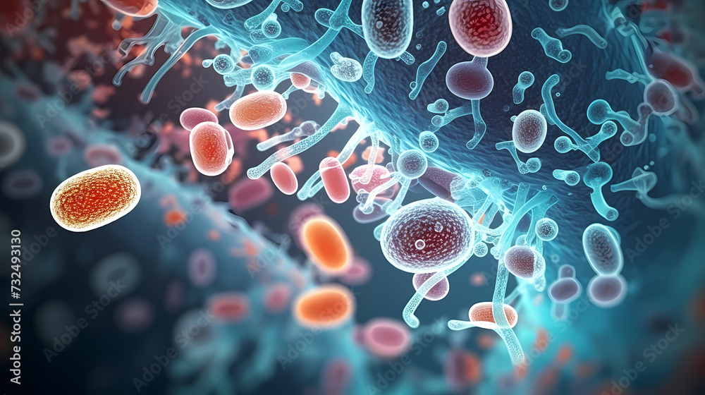 Various shapes of bacteria, probiotics on light background, macro shot of different types of bacteria Various shapes of bacteria, probiotics on light background, macro shot of different types of bacteria