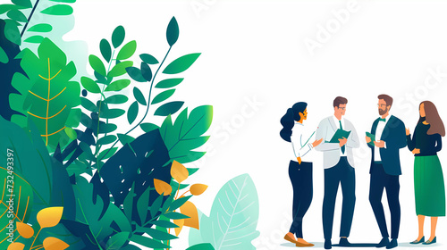 Business people collaborate for green business idea on white background.Sustainable economic growth strategy.ESG concept.Flat vector illustration. photo