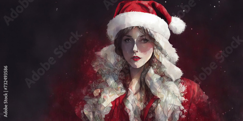 Christmas girl santa claus in a red cap. Watercolor drawing, generative ai. © Valentina Watercolor