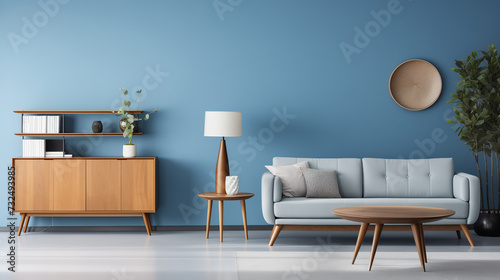 Scandinavian Style Living Room with Light Blue Walls and Wooden Furniture © HecoPhoto