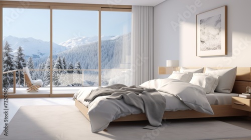 bedroom with white messy bedding and big window with view to beautiful. Summer, travel, vacation, holiday, mindfulness, relax, recreation, hotel, sleep © pinkrabbit