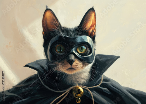 portrait of a superhero cat in a black mask and cloak on a light background