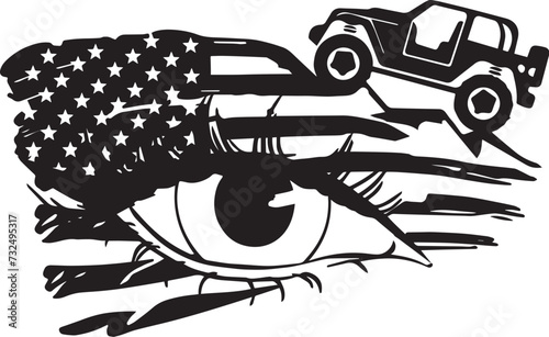 Vector of a silhouette of a truck car driving atop a jagged cliff with an American flag and an eye