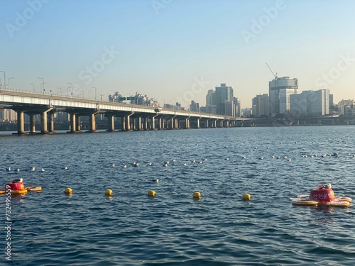 Bridge with the skyline of Seoul in the background. South Korea. photo