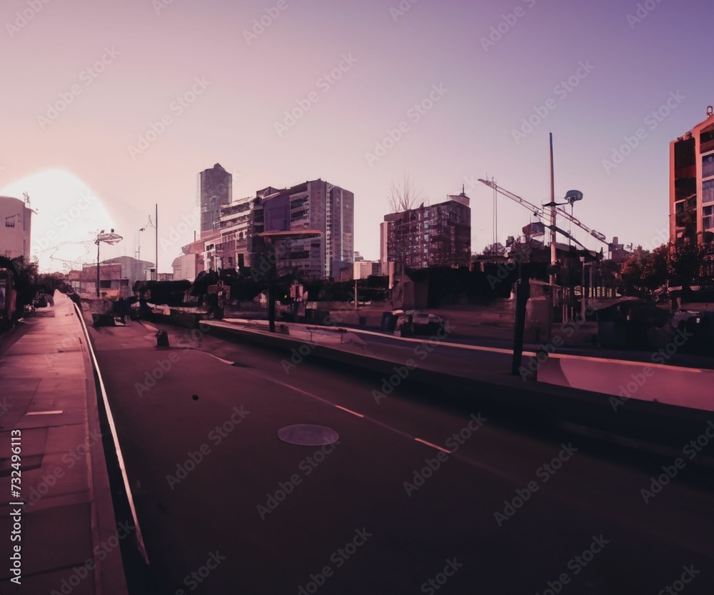 a street next to a city in the sunset with buildings