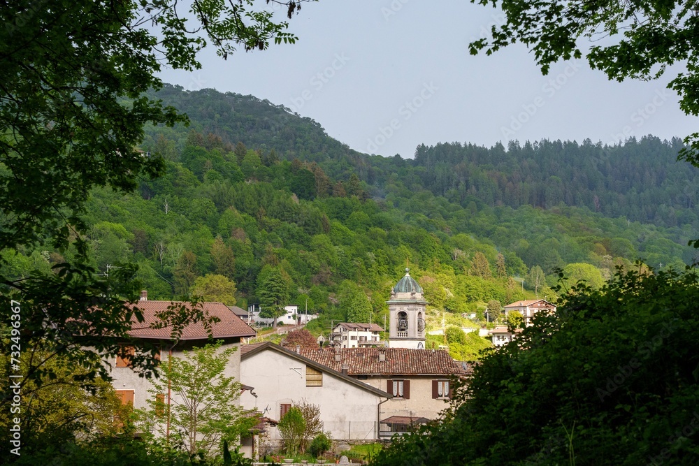 Scenic view of residential buildings in a small town in green mountains