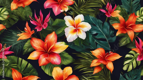 Photo original floral design with exotic flowers and tropic leaves colorful flowers on dark background
