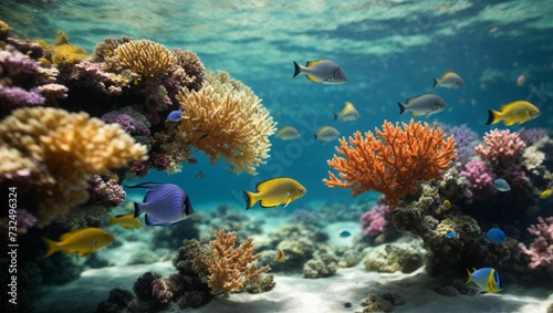 fish swim under a very colorful coral with some white coral