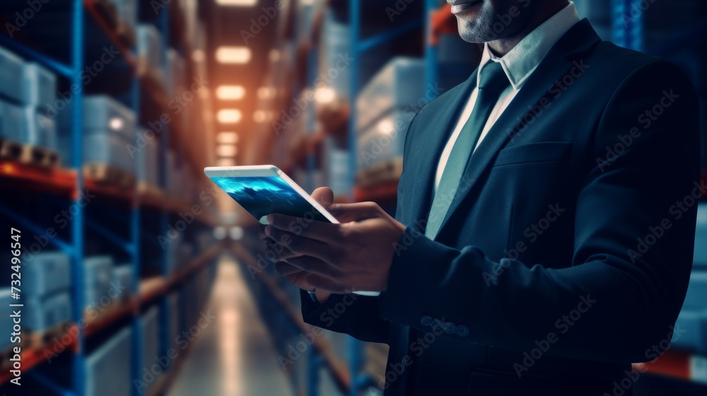 Streamlining warehouse operations: close-up of manager utilizing digital tablet in high-tech facility Streamlining warehouse operations: close-up of manager utilizing digital tablet in high-tech facility