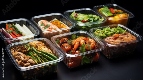 Asian Thai food lunch boxes in plastic packages container dark background photo