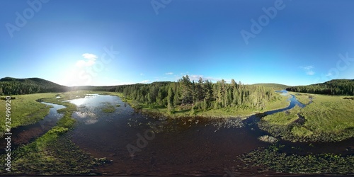 Panoramic shot of a lake surrounded by greenery in the countryside