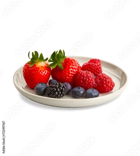 Plate of ripe berries isolated on white background.