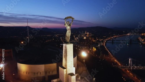 Aerial video of St. Gerard Sagredo Statue at night in Budapest, Hungary photo