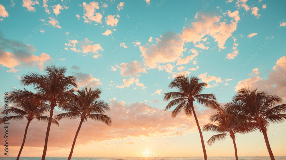 A tranquil scene of palm trees silhouetted against a colorful sunset sky scattered with clouds.
