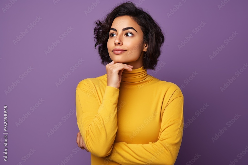 Vibrant Delight: Portrait of Happy Woman in Yellow Top Against Violet Background, Vibrant Delight: Portrait of Happy Woman in Yellow Top Against Violet Background,