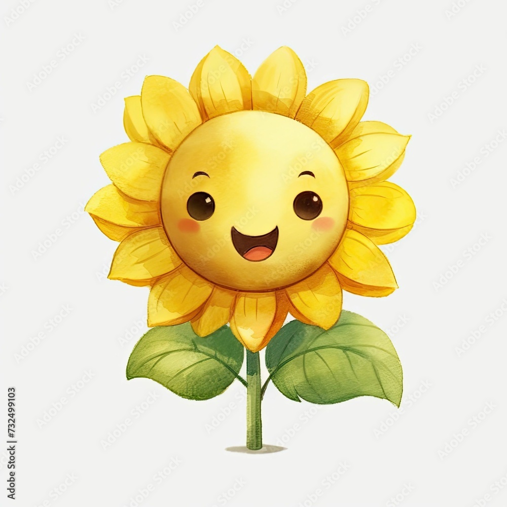 a cartoon sunflower with a smiley face on it, with leaves and a green