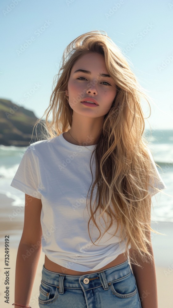 Caucasian woman on background of sandy beach of the sea. Caucasian woman on background of sandy beach of the sea.