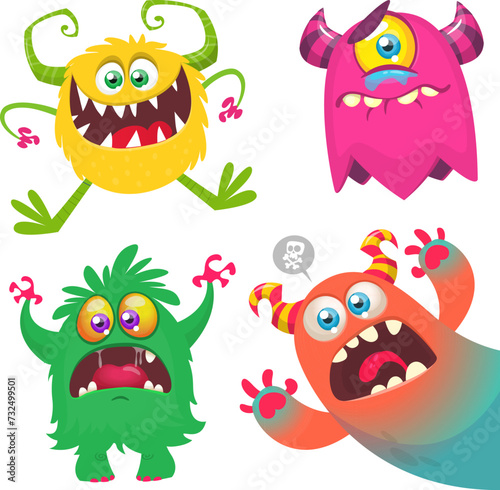 Cute cartoon Monsters. Set of cartoon monsters: goblin, ghost, troll, monster, yeti and alien . Halloween design. Vector illustration isolated (ID: 732499501)