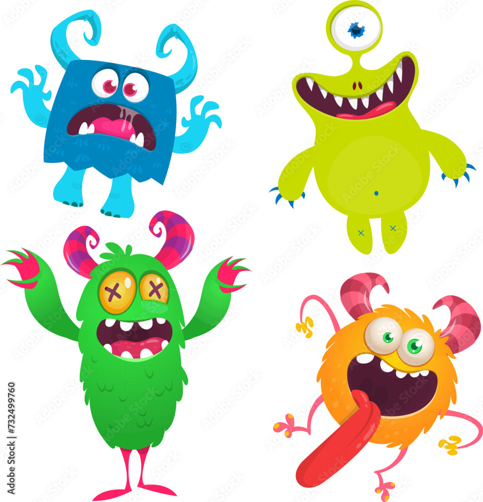 Funny cartoon monsters with different face expressions. Set of cartoon vector happy monsters characters. Halloween design for party decoration, package design Funny cartoon monsters with different face expressions. Set of cartoon vector happy monsters characters. Halloween design for party decoration, package design