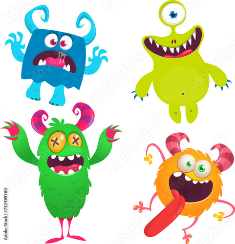 Funny cartoon monsters with different face expressions. Set of cartoon vector happy monsters characters. Halloween design for party decoration,  package design (ID: 732499760)