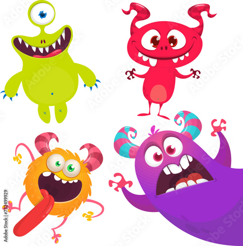 Funny cartoon monsters with different face expressions. Set of cartoon vector happy monsters characters. Halloween design for party decoration,  package design (ID: 732499929)