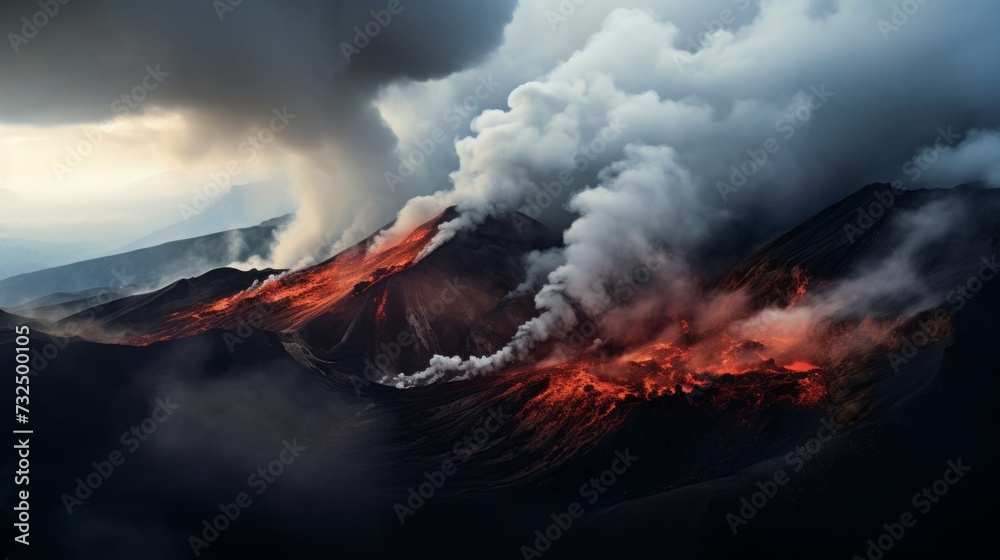 View of the natural landscape with an erupting volcano