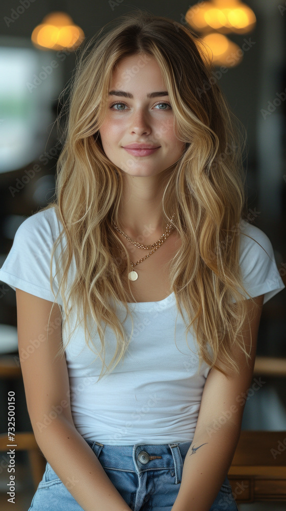 Caucasian woman in white t-shirt and jeans sitting at table at modern cafe. Caucasian woman in white t-shirt and jeans sitting at table at modern cafe.