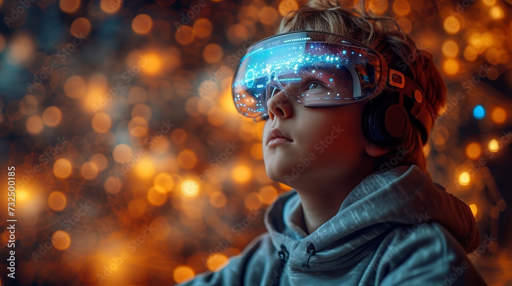 A boy in virtual reality with VR glasses immersed in a digital world with neon lights. Concept: modern technologies and interactive training, banner with copy space A boy in virtual reality with VR glasses immersed in a digital world with neon lights. Concept: modern technologies and interactive training, banner with copy space