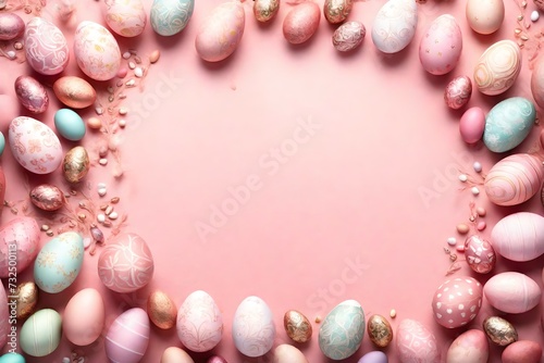 Soft pastel pink background highlighted by intricate Easter embellishments and a variety of eggs, forming a captivating canvas for your celebratory text