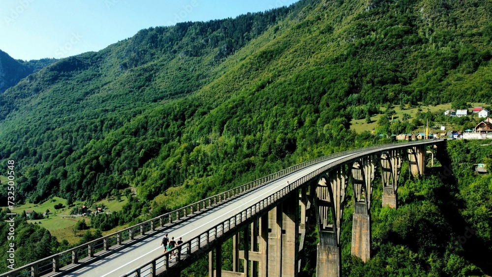 a train going over a bridge over a valley filled with hills