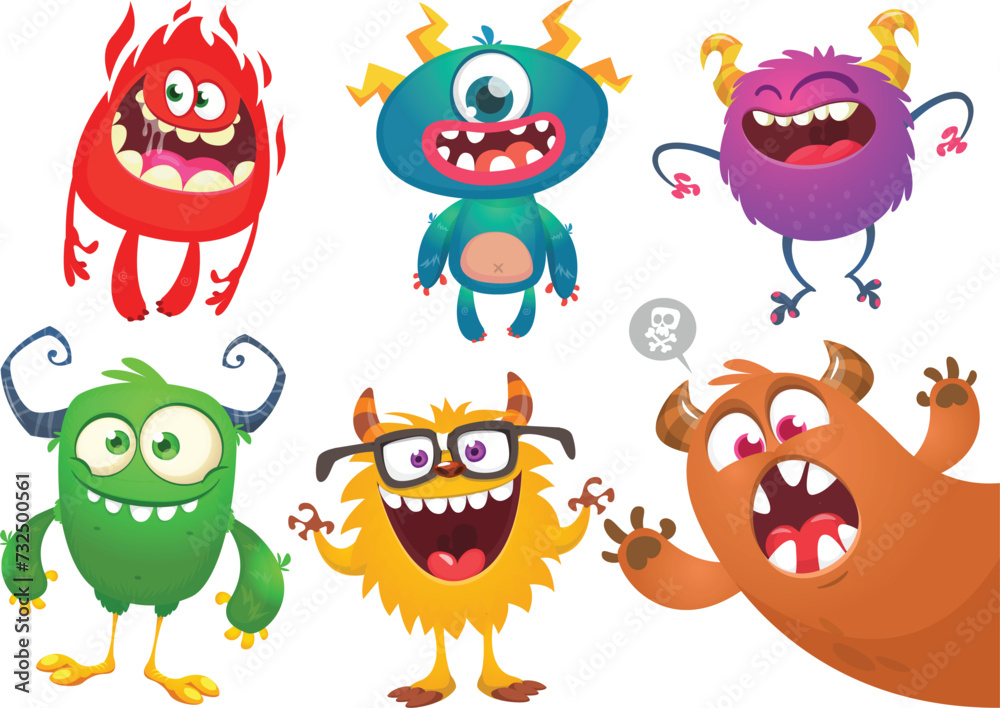 Funny cartoon monsters with different face expressions. Set of cartoon vector happy monsters characters. Halloween design for party decoration, package design Funny cartoon monsters with different face expressions. Set of cartoon vector happy monsters characters. Halloween design for party decoration, package design