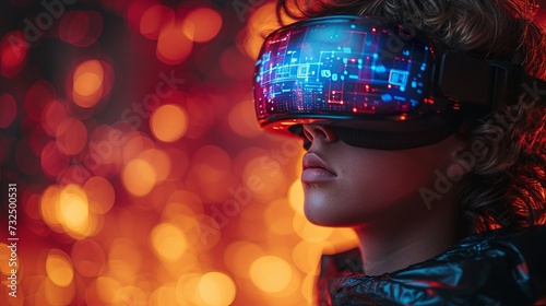  A young man wearing a VR headset, surrounded by space visuals and virtual galaxies, Concept: the impact of virtual reality on the study of science and space. banner