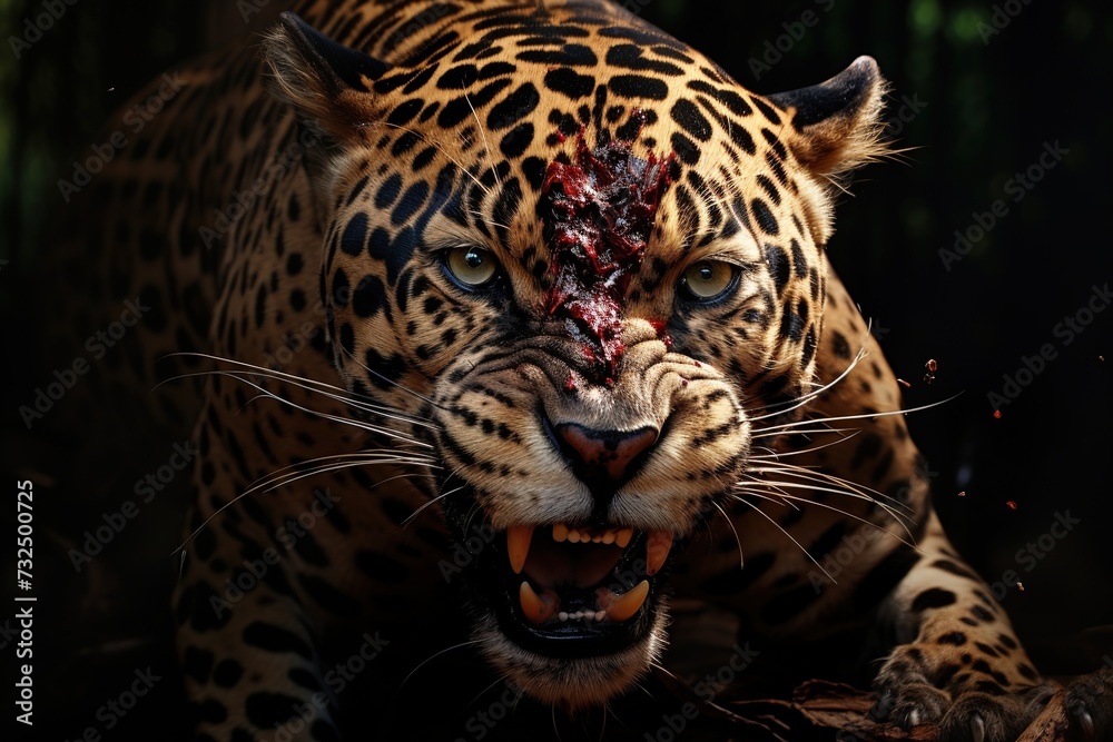 Close up of a leopard with blood on its mouth and face, Ai Generated