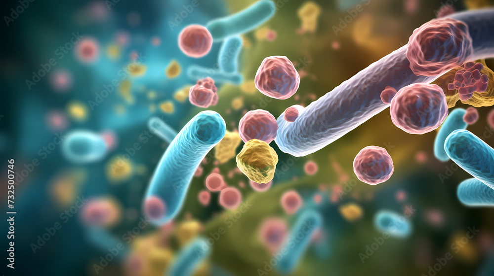 Various shapes of bacteria, probiotics under microscope, science, medicine concept background Various shapes of bacteria, probiotics under microscope, science, medicine concept background