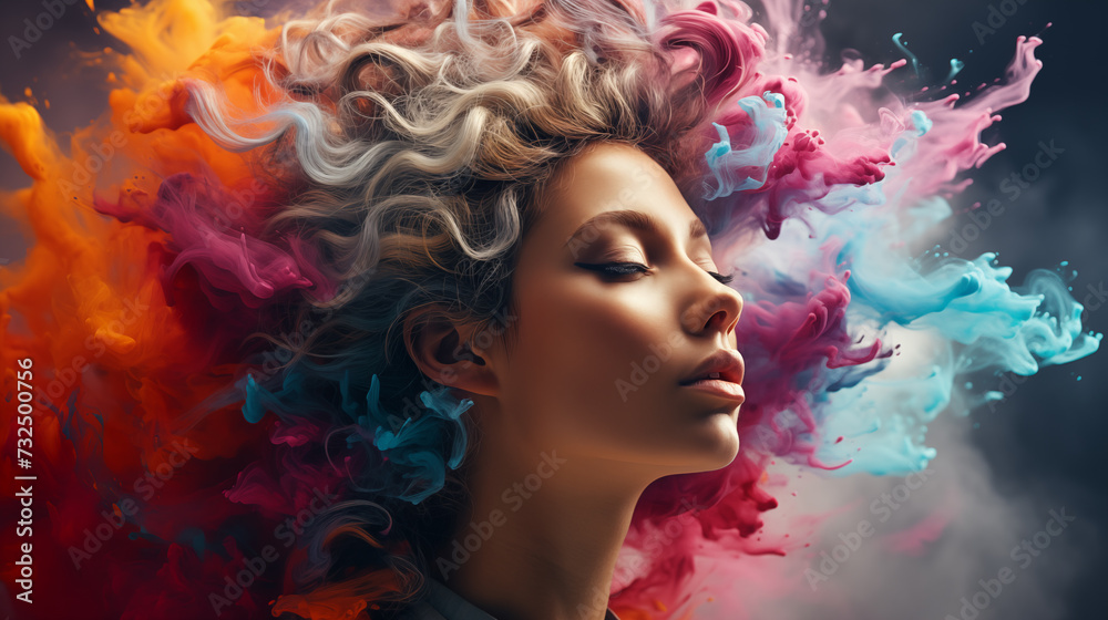 Woman Hair with Colorful Flowing Smoke Abstract. Emphasize the Female Creativity, Positive Expression and Creative Imagination. Side view 