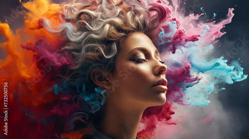 Woman Hair with Colorful Flowing Smoke Abstract. Emphasize the Female Creativity, Positive Expression and Creative Imagination. Side view 