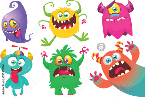 Funny cartoon monsters with different face expressions. Set of cartoon vector happy monsters characters. Halloween design for party decoration, package design