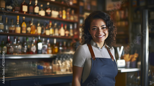 Proud female bartender at her workplace. A young dark-haired Latin American woman standing in front of bar, confident entrepreneur, business owner. Bokeh effect. 