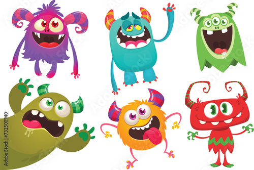Cute cartoon Monsters. Set of cartoon monsters: goblin, ghost, troll, monster, yeti and alien . Halloween design. Vector illustration isolated (ID: 732500940)