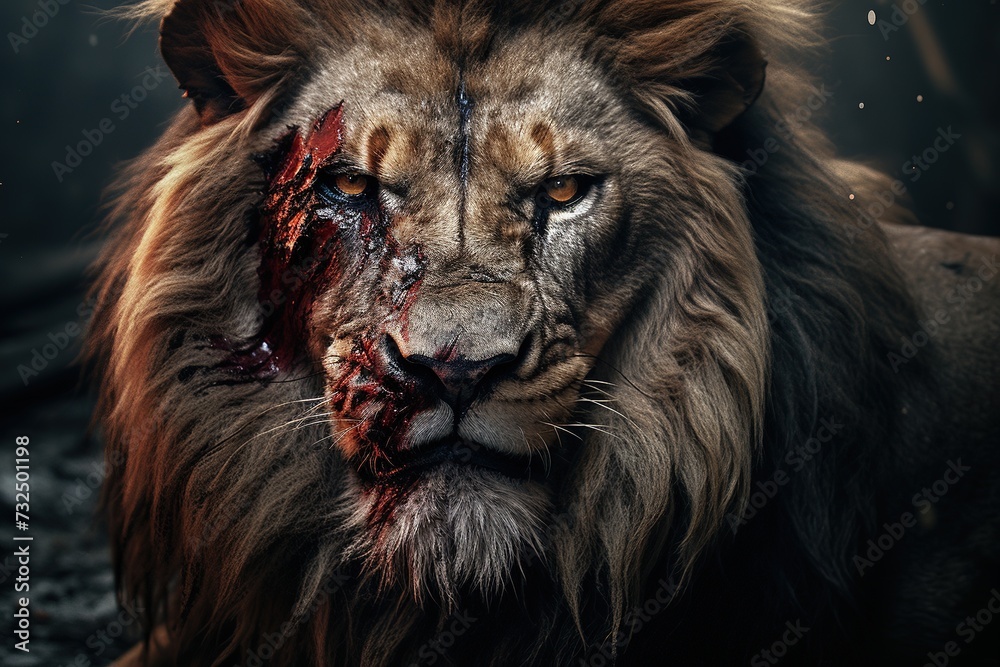 Close-up portrait of a lion with blood on his face, Ai Generated