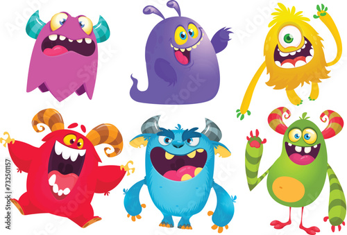 Cute cartoon Monsters. Set of cartoon monsters: goblin, ghost, troll, monster, yeti and alien . Halloween design. Vector illustration isolated