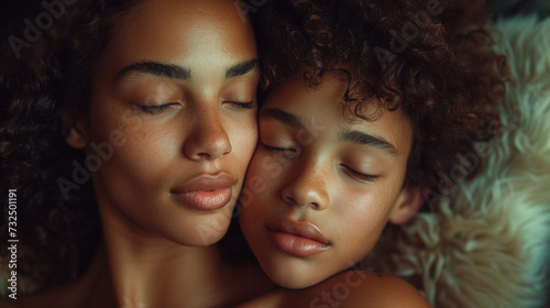 portrait mother sleeping with her son