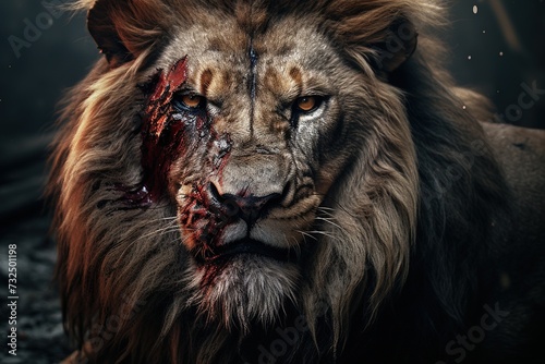 Close-up portrait of a lion with blood on his face  Ai Generated