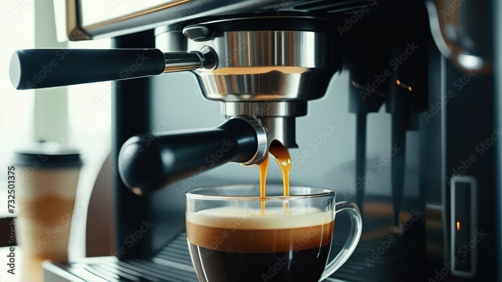Close-up of a coffee machine making fresh latte coffee in a coffee shop,making cappuccino coffee in a cafe Close-up of a coffee machine making fresh latte coffee in a coffee shop,making cappuccino coffee in a cafe
