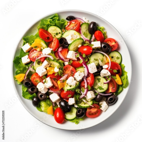 A Plate of Greek Salad with Feta, Cucumbers and Olives Isolated on a White Background