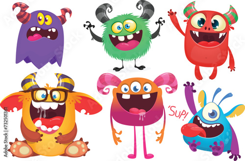 Funny cartoon monsters with different face expressions. Set of cartoon vector happy monsters characters. Halloween design for party decoration,  package design (ID: 732501361)
