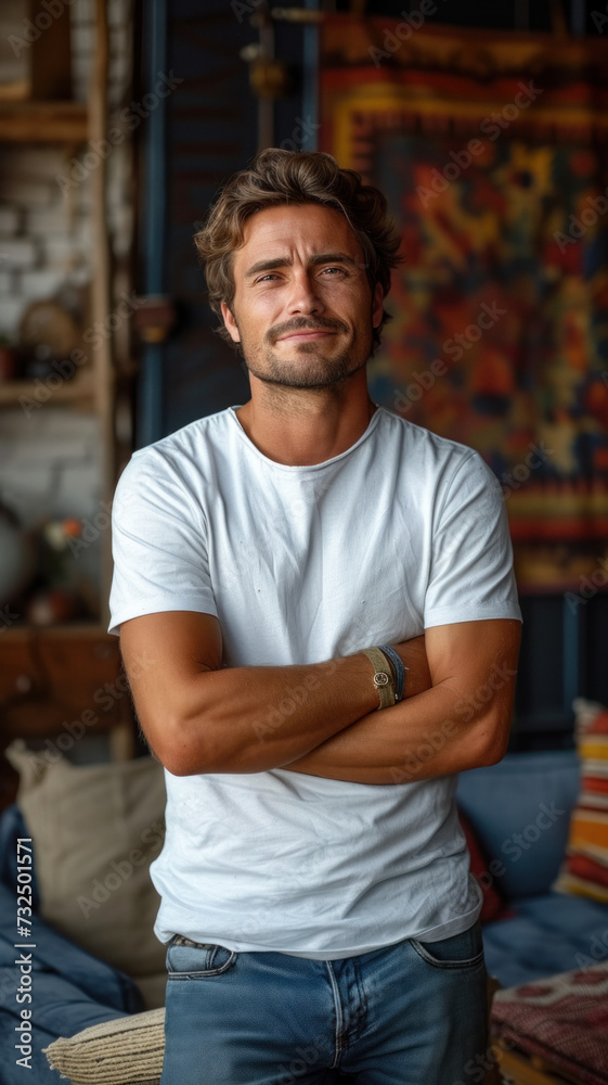 Caucasian man on background of modern loft colorful living room of house Caucasian man on background of modern loft colorful living room of house